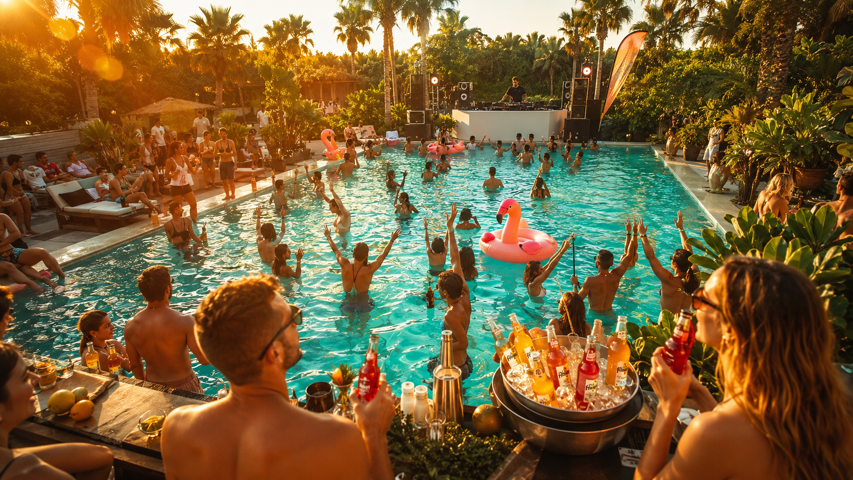 Outdoor music festival at sunset