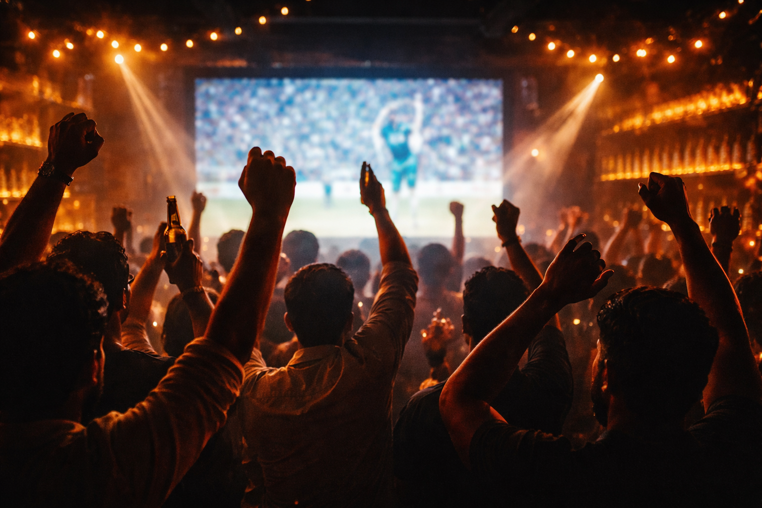 Crowd watching cricket on a big screen at a bar