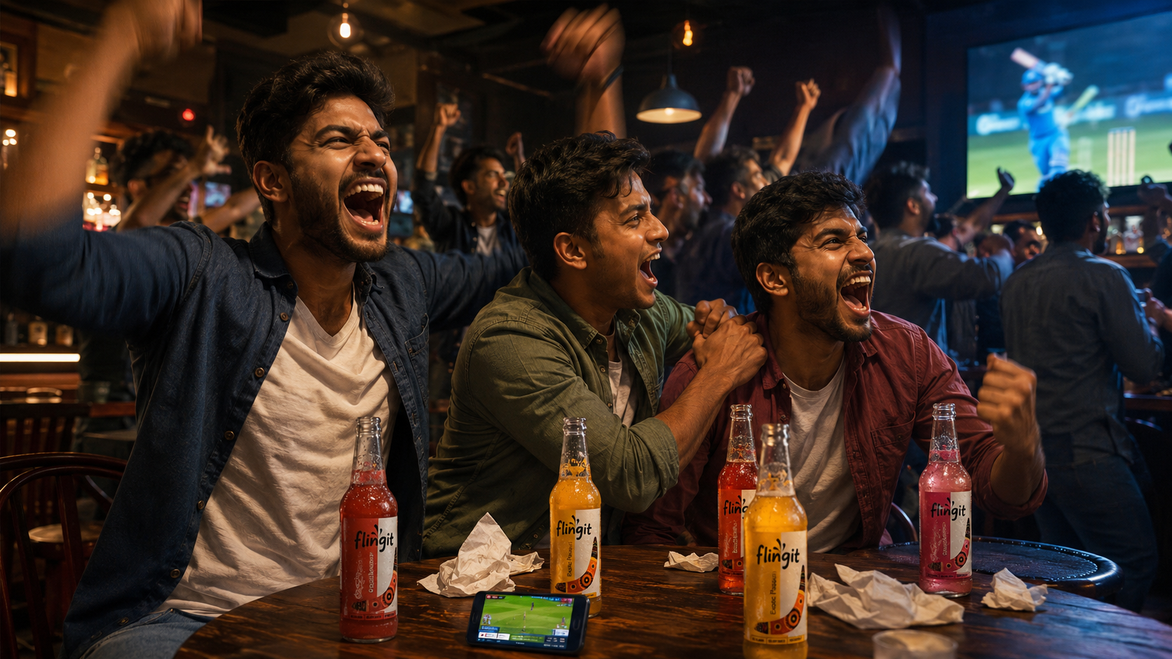 Friends celebrating during a cricket match